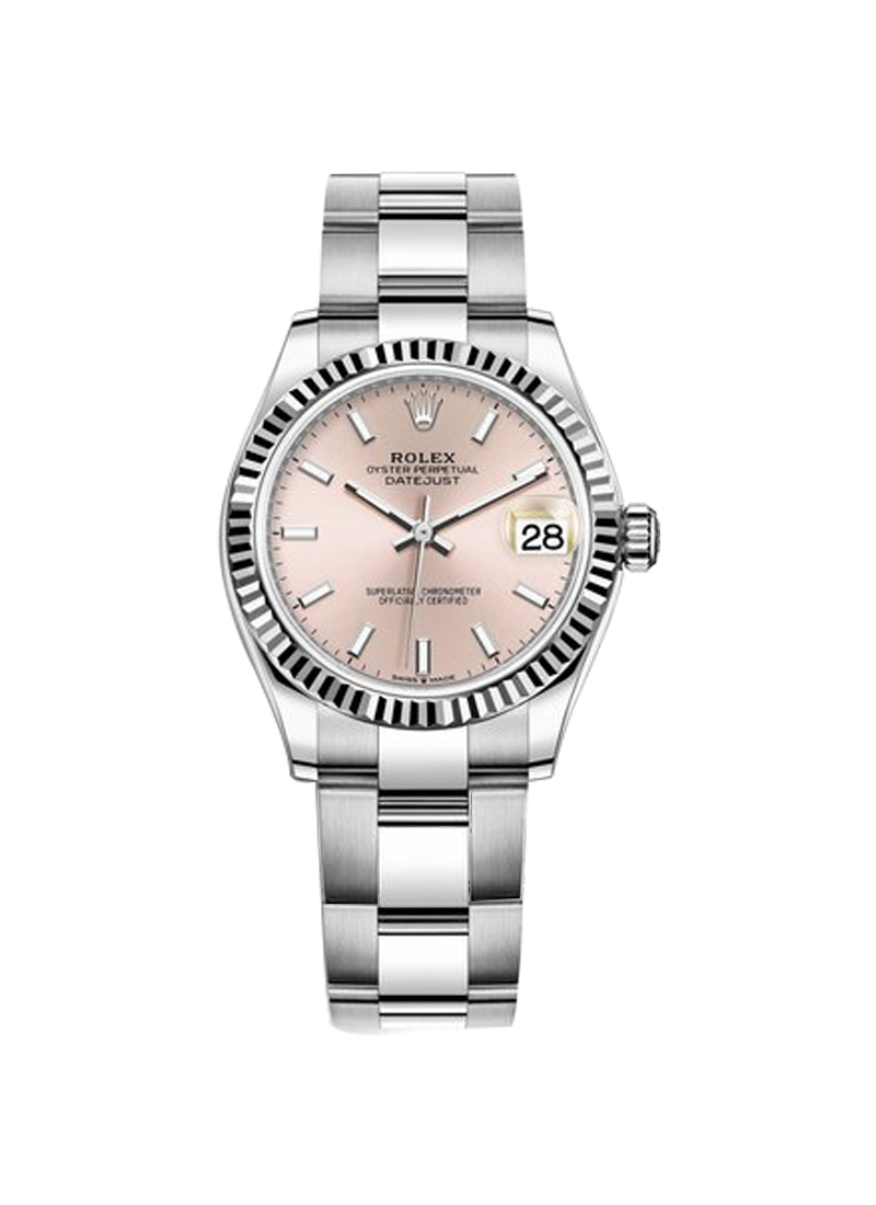 Mid Size 31mm Datejust in Steel with Fluted Bezel on Bracelet with Pink Stick Dial