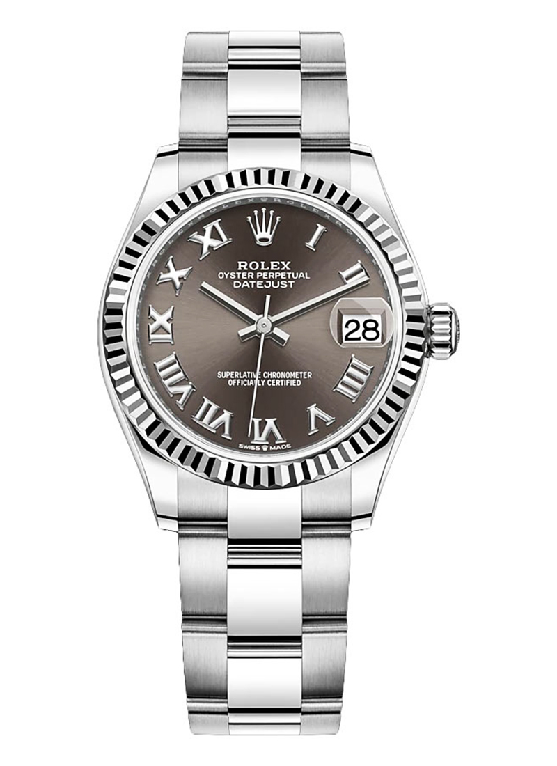 Mid Size 31mm Datejust in Steel with Fluted Bezel on Bracelet with Dark Grey Roman Dial