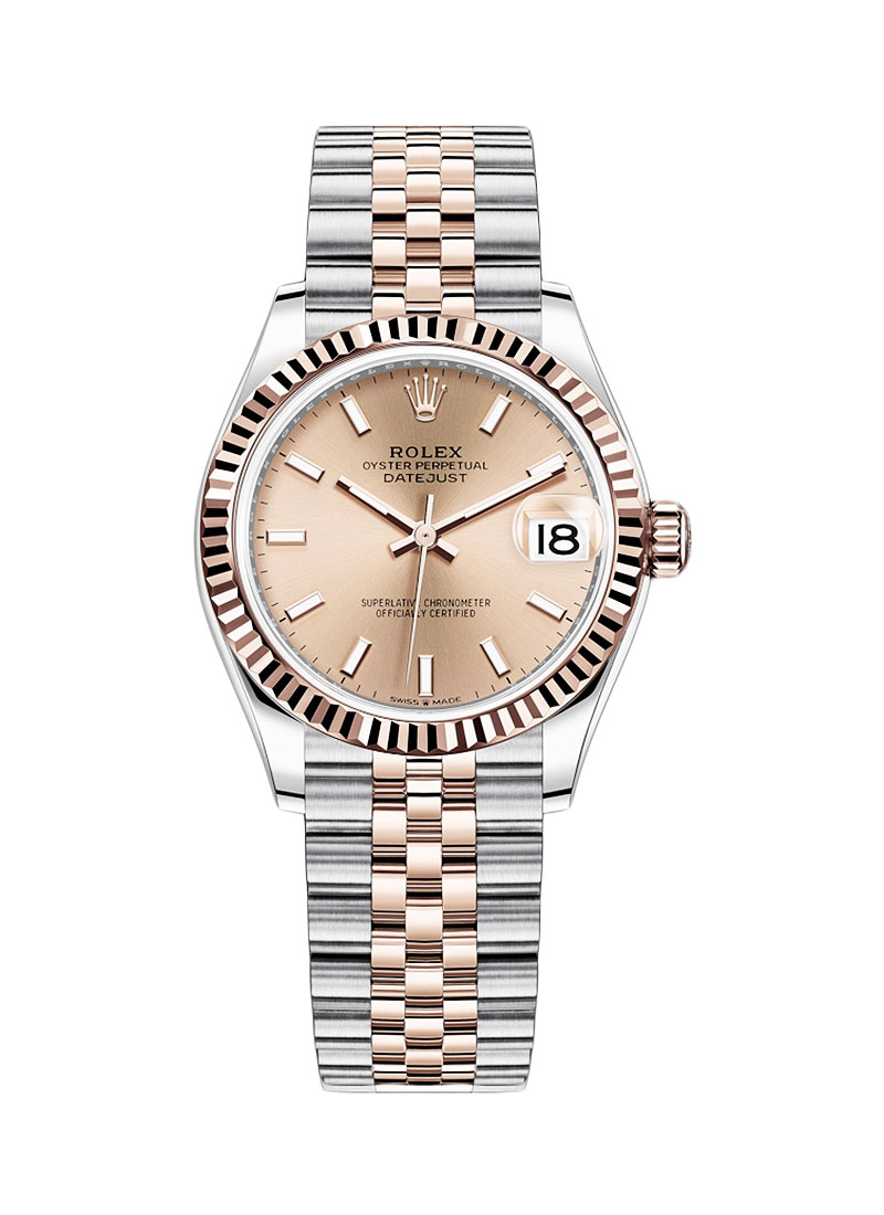 Mid Size 31mm Datejust in Steel with Rose Gold Fluted Bezel on Jubilee Bracelet with Pink Stick Dial