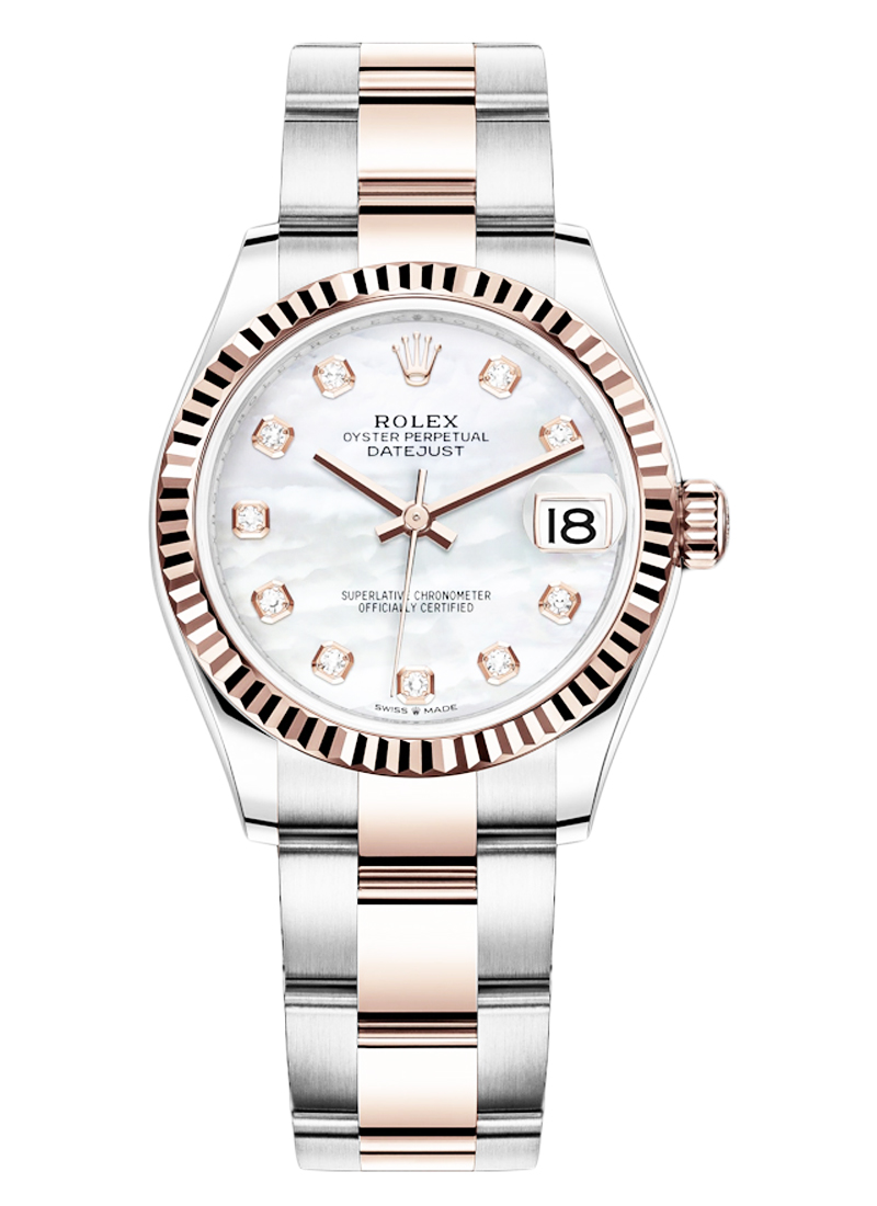 Mid Size 31mm Datejust in Steel with Rose Gold Fluted Bezel on Oyster Bracelet with MOP Diamond Dial