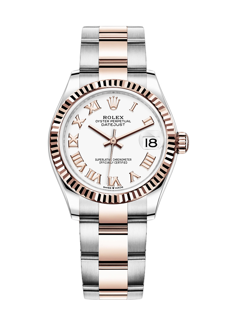 Mid Size 31mm Datejust in Steel with Rose Gold Fluted Bezel on Oyster Bracelet with White Roman Dial