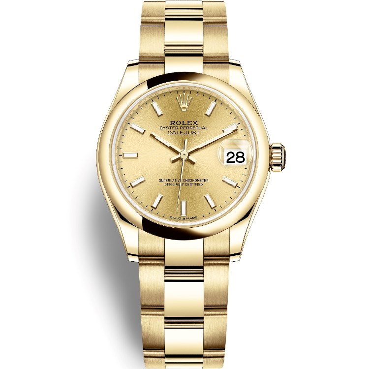 Datejust 31mm in Yellow Gold with Domed Bezel on Oyster Bracelet with Champagne Stick Dial