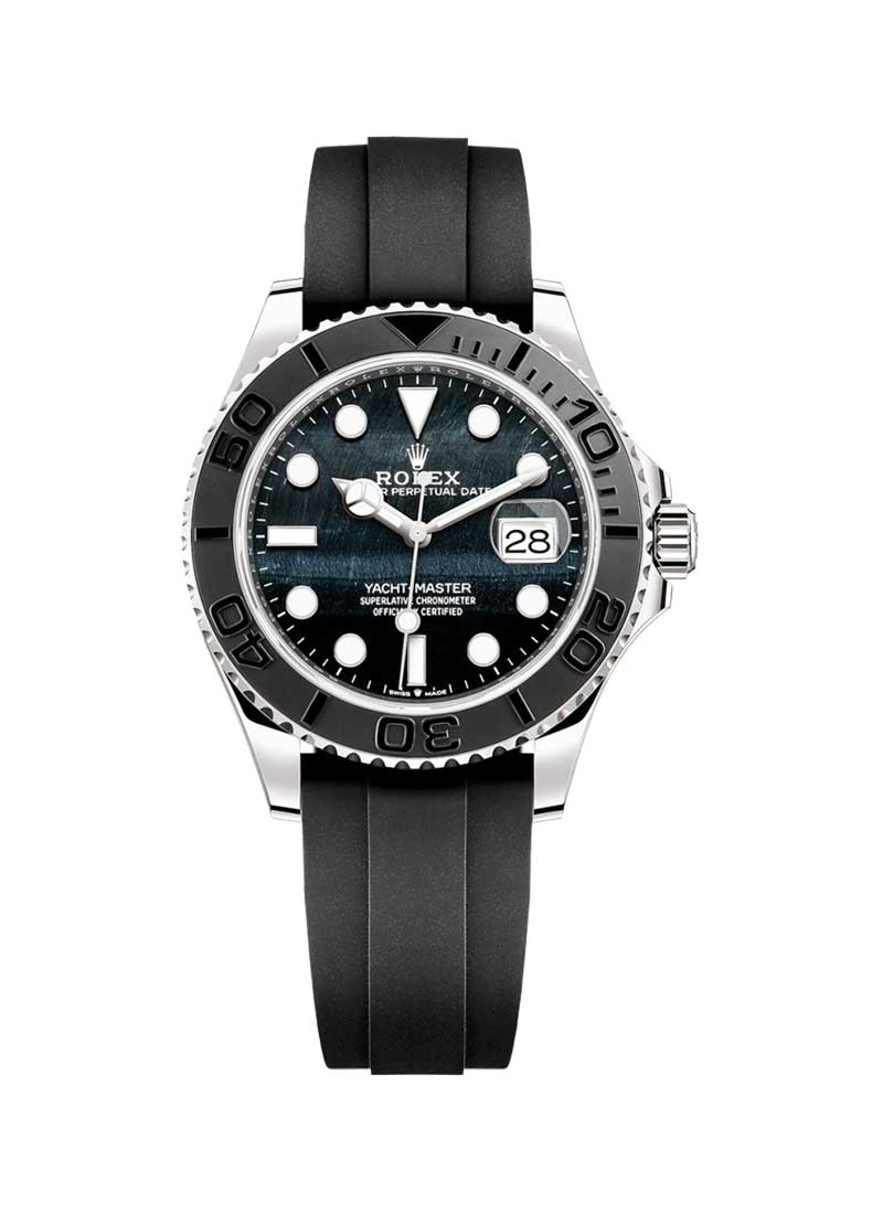 Yachtmaster 42mm in White Gold with Black Bezel on Black Oysterflex Rubber Strap with Falcon's Eye Dial