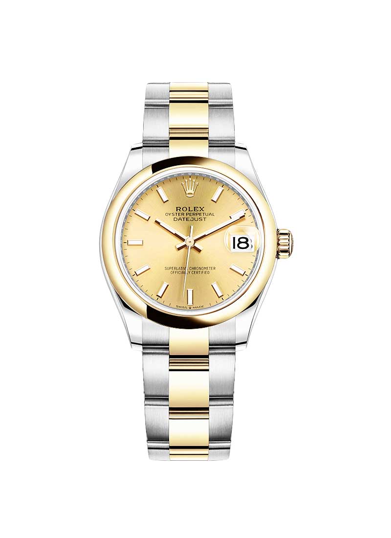 Midsize Datejust 31mm in Steel with Yellow Gold Smooth Bezel on Oyster Bracelet with Champagne Stick Dial