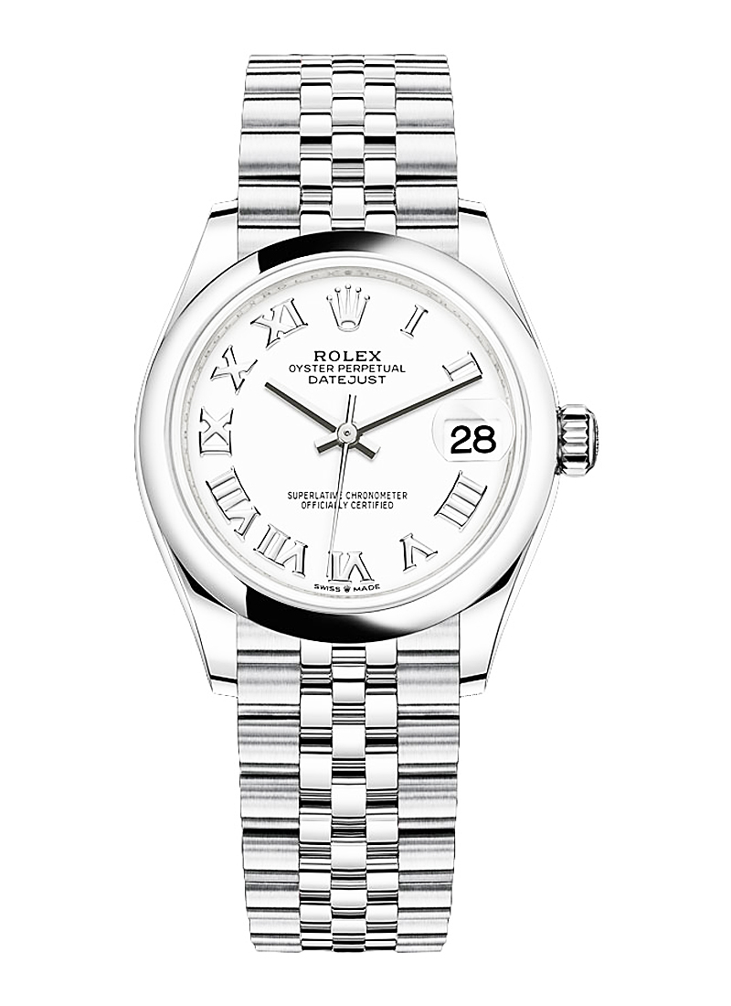 Mid Size 31mm DateJust in Steel with Smooth Bezel on Jubilee Bracelet with White Roman Dial