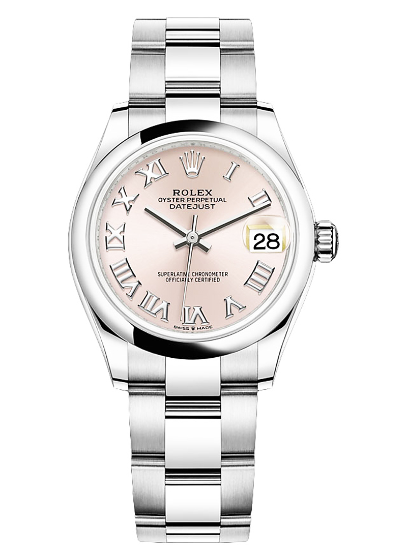 Mid Size 31mm DateJust in Steel with Smooth Bezel on Oyster Bracelet with Pink Roman Dial