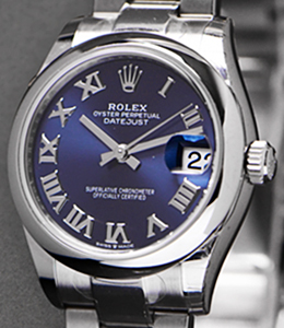 Mid Size 31mm DateJust in Steel with Smooth Bezel on Oyster Bracelet with Blue Roman Dial