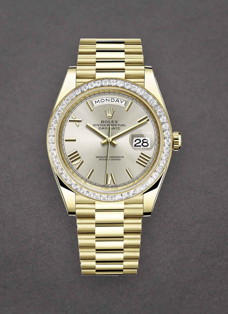 Pre-Owned Rolex Day Date President 40mm in Yellow Gold with Baguette Diamond Bezel