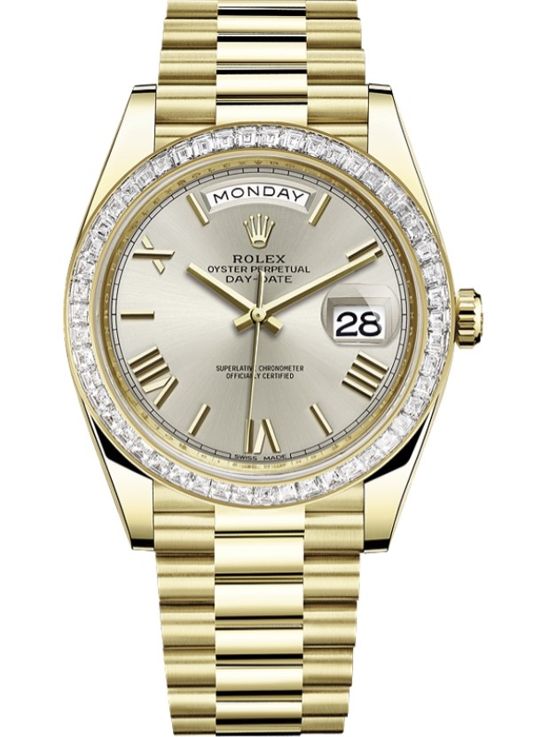 Day Date President 40mm in Yellow Gold with Baguette Diamond Bezel on Bracelet with Silver Roman Dial