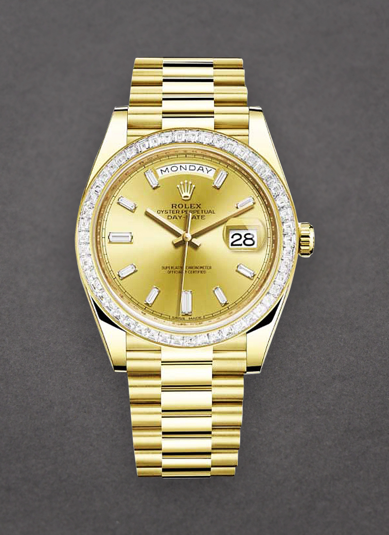 Pre-Owned Rolex Day Date President 40mm in Yellow Gold with Baguette Diamond Bezel