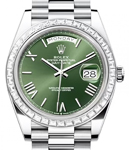 Day Date 40mm in Platinum with Baguette Diamond Bezel on Bracelet with Olive Green Roman Dial