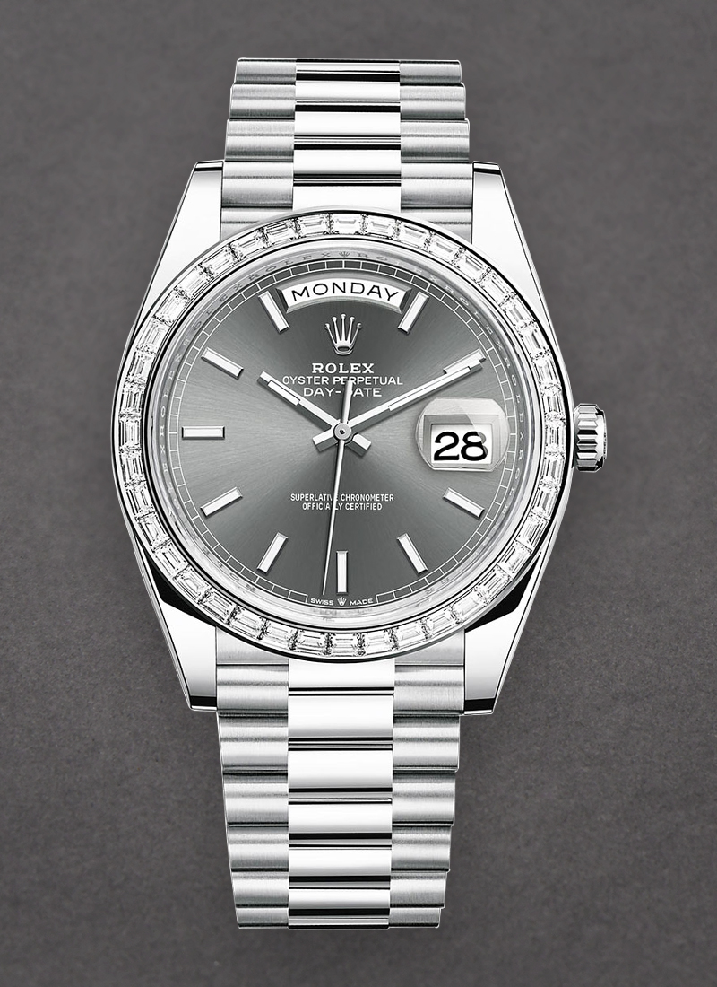 Pre-Owned Rolex Day Date 40mm in Platinum with Baguette Diamond Bezel