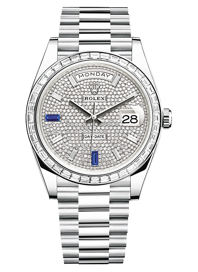 Day Date 40mm in Platinum with Baguette Diamond Bezel on Bracelet with Pave Diamond Dial