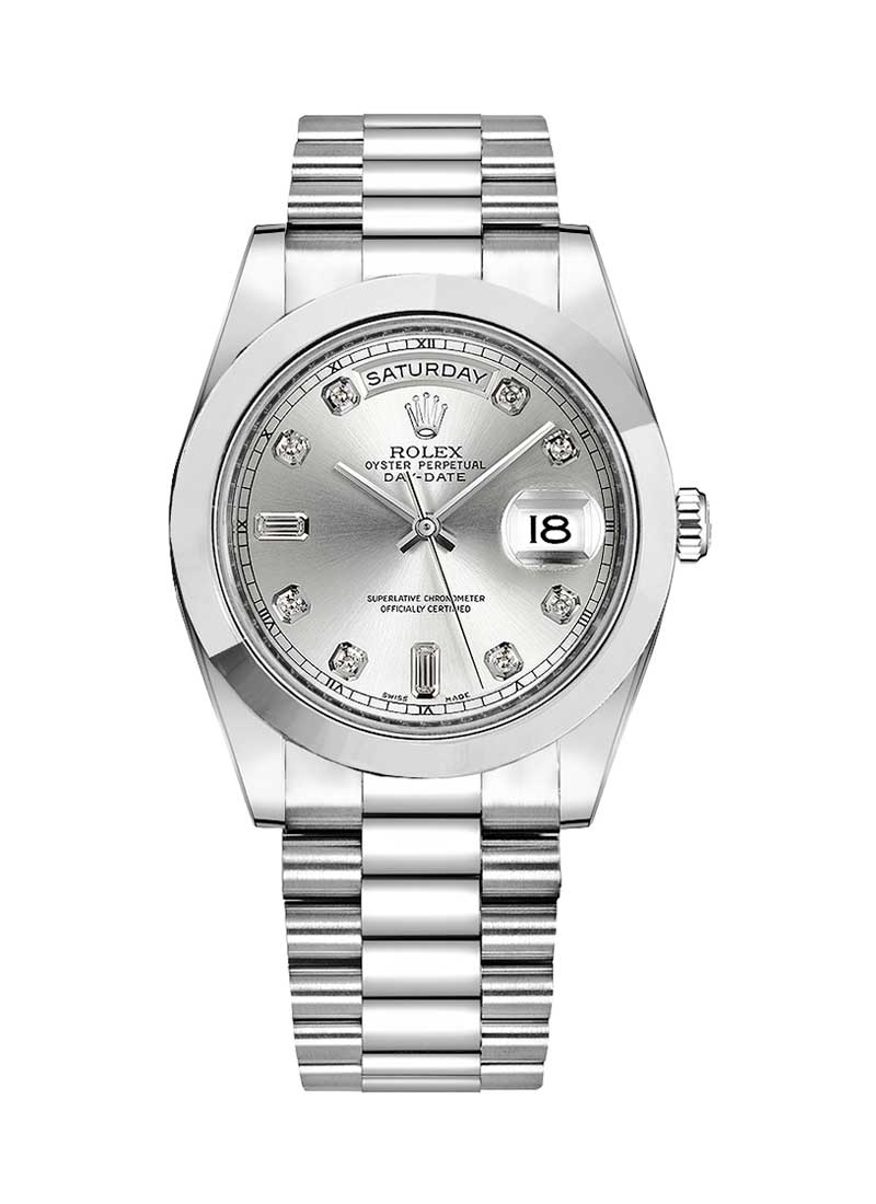 Day Date II 41mm President in Platinum with Smooth Bezel on President Bracelet with Silver Diamond Dial