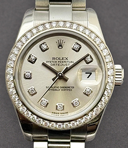 Datejust 26mm in Steel and White Gold with Diamond Bezel on Steel Oyster Bracelet with Silver Diamond Dial