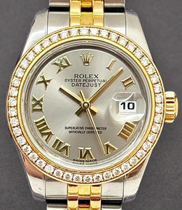 Ladies 2-Tone Datejust in Steel with Yellow Gold Diamond Bezel on Steel and Yellow Gold Jubilee Bracelet with Rhodium Roman Dial