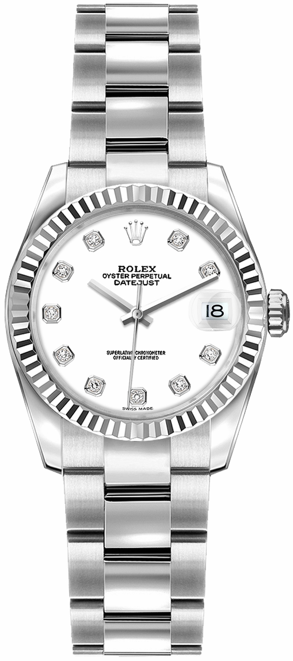 Datejust 36mm in Steel with Fluted Bezel on Bracelet with White Diamond Dial