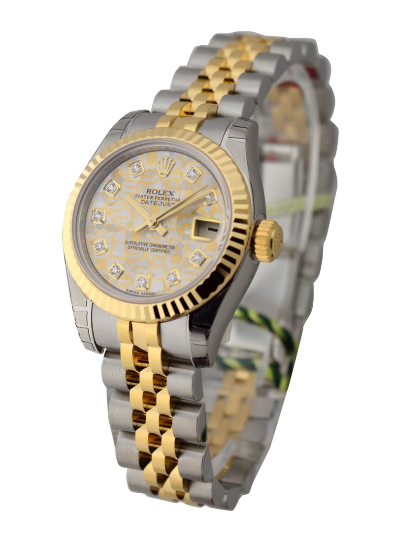2 Tone Datejust Ladies 26mm in Steel with Yellow Gold Fluted Bezel on Jubilee Bracelet with Yellow Gold Crystal Diamond Dial