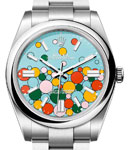 Oyster Perpetual 41mm in Steel with Domed Bezel on Oyster Bracelet with Turquoise Blue Celebration Motif Dial