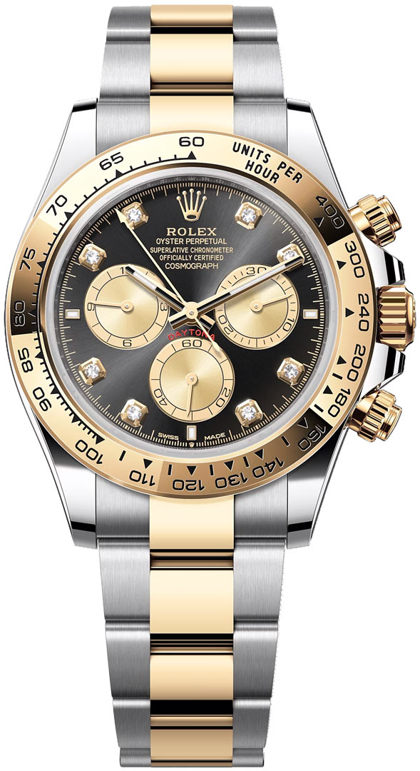 Daytona 2-Tone in Steel with Yellow Gold Bezel on Oyster Bracelet with Black Diamond Dial - Champagne Sub