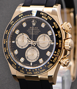 Daytona Cosmograph in Yellow Gold with Black Bezel on Strap with Black Diamond Dial