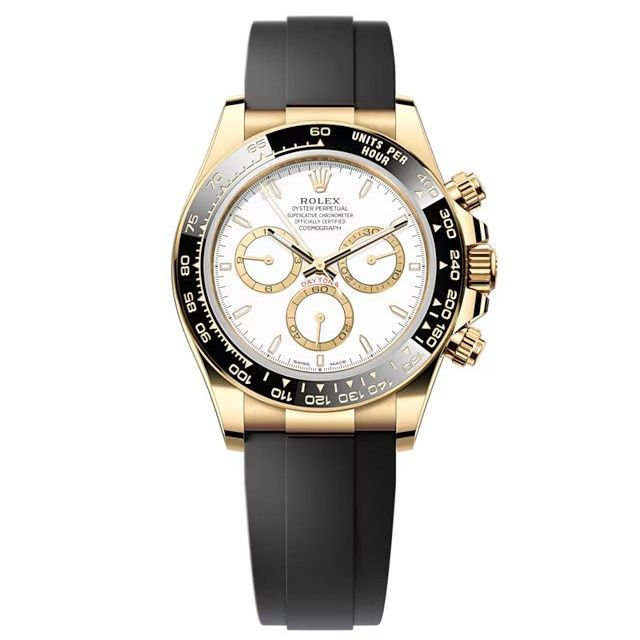 Daytona Cosmograph in Yellow Gold with Black Bezel on Strap with White Stick Dial