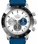 Chronomaster Sport 41mm in Steel with Black Bezel on Blue Fabric Strap with White Dial