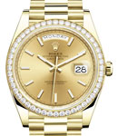 President 40mm Day Date in Yellow Gold with Diamond Bezel on President Bracelet with Champagne Stick Dial