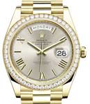 President 40mm Day Date in Yellow Gold with Diamond Bezel on President Bracelet with Silver Roman Dial