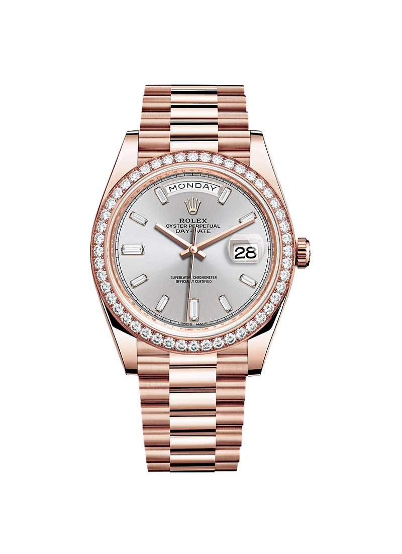 40mm President Day Date in Rose Gold with Diamond Bezel on President Bracelet with Sundust Baguette Diamond Dial