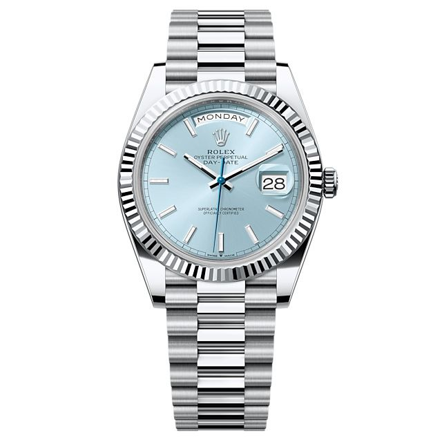 Day-Date Platinum President with Fluted Bezel on President Bracelet with Ice Blue Stick Dial