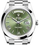 Day Date 40mm President in Platinum with Smooth Bezel on President Bracelet with Olive Green Roman Dial