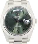 Day Date 40mm President in Platinum with Smooth Bezel on President Bracelet with Olive Green Arabic Dial