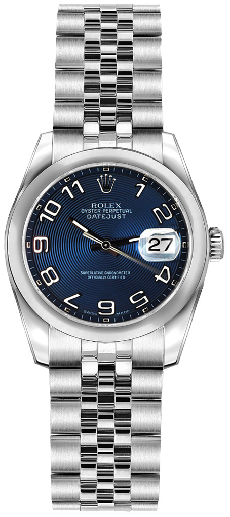 Datejust 26mm in Steel with Smooth Bezel on Steel Jubilee Bracelet with Blue Concentric Arabic Dial