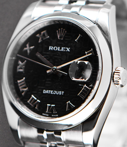 Men''s Datejust 36mm in Steel Domed Bezel on Jubilee Bracelet with Black Jubilee Roman Dial