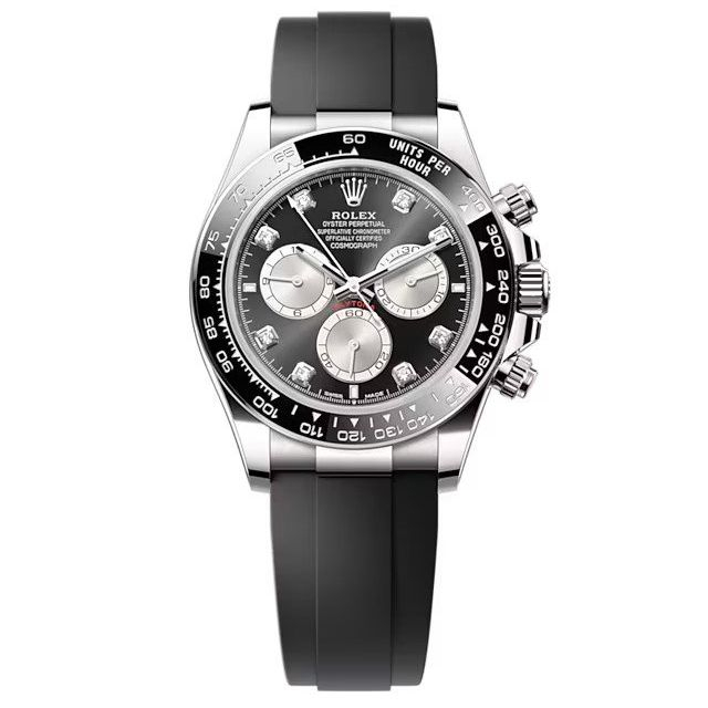 Daytona in White Gold with Ceramic Bezel on Black Rubber Strap with Black Diamond Dial