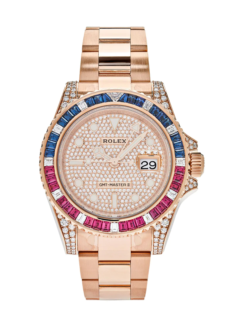 GMT Master II in Rose Gold with Pepsi Saphire Bezel - Diamonds on lugs on Oyster Bracelet with Pave Diamond Dial