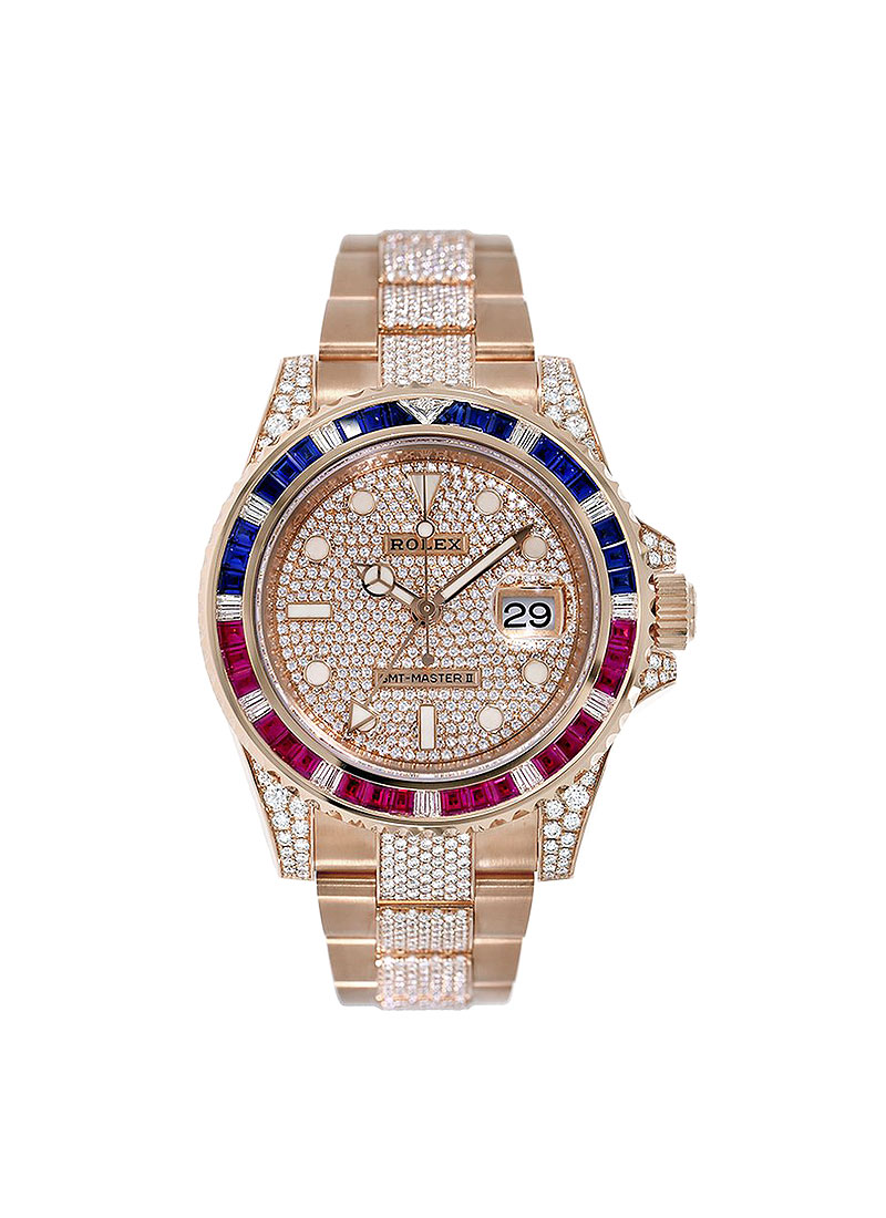 GMT Master II in Rose Gold with Pepsi Saphire Bezel - Diamonds on lugs on Oyster Bracelet with Pave Diamond Dial