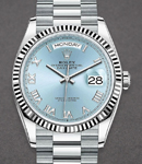 Day-Date President  36mm in Platinum with Fluted Bezel on President Bracelet with Glacier Blue Roman Dial