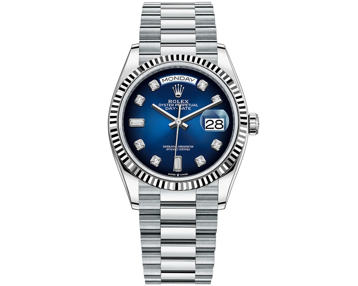 Day-Date President  36mm in Platinum with Fluted Bezel on President Bracelet with Blue Diamond Dial