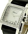 Happy Sport Square in White Gold with Diamond Bezel on Black Leather Strap with Mother of Pearl Dial 5 Floating Diamonds