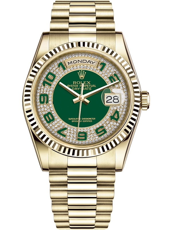 Day Date President 36mm in Yellow Gold with Fluted Bezel on President Bracelet with Green Arabic Pave Diamond Dial
