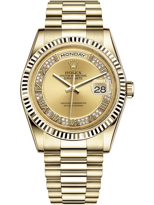 Day Date President 36mm in Yellow Gold with Fluted Bezel on President Bracelet with Champagne Roman Diamond Dial