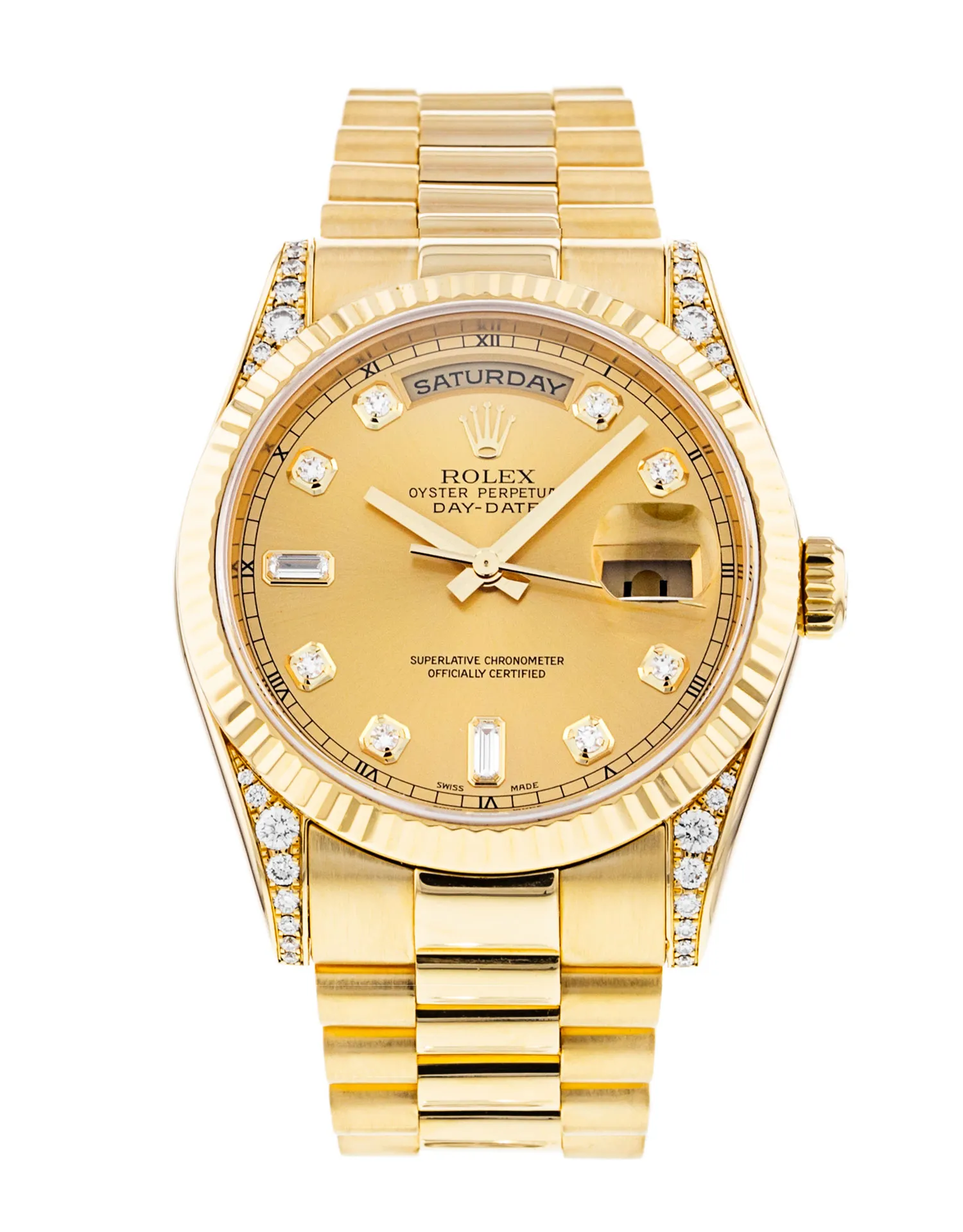 President 36mm Yellow Gold with Fluted Bezel Diamond on lugs on Oyster Bracelet with Champagne Diamond Dial
