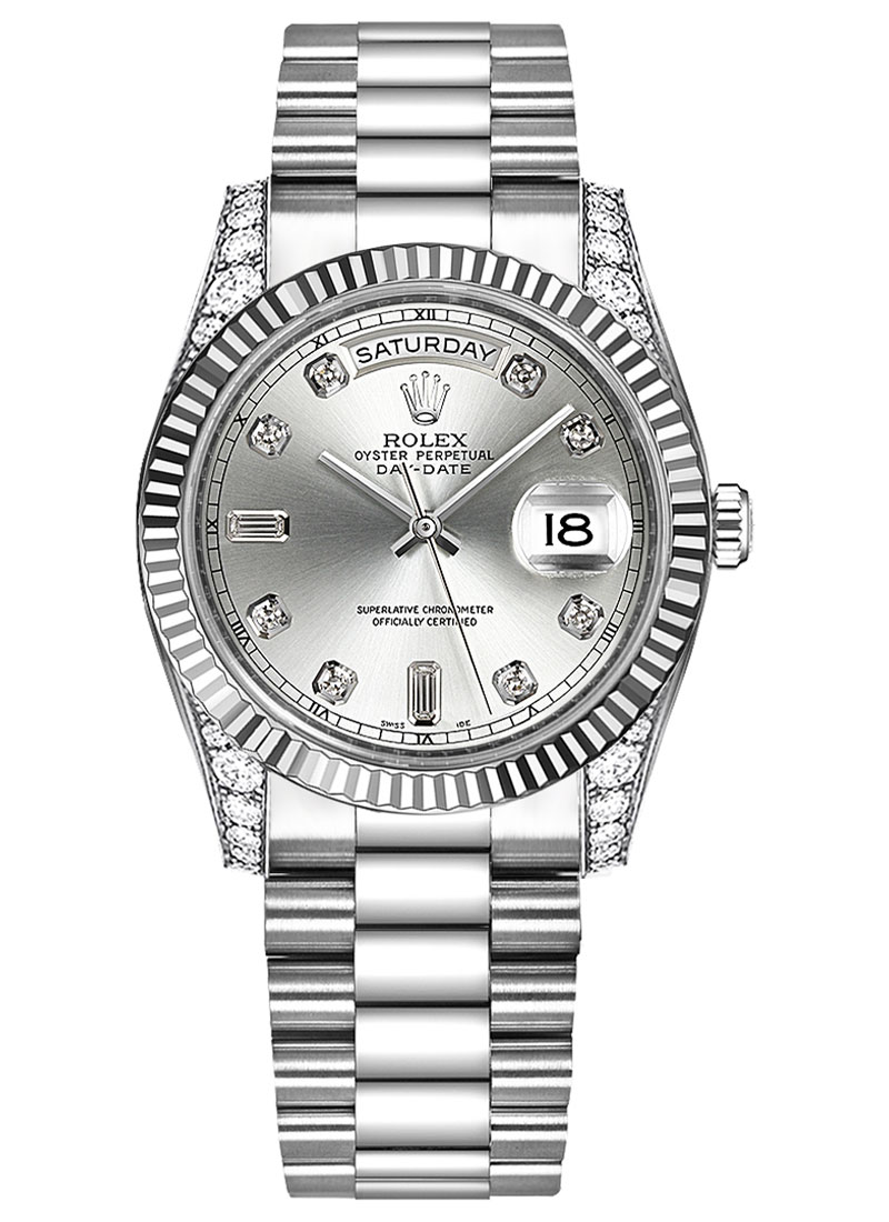 Pre-Owned Rolex Day Date President 36mm in White Gold with Smooth Bezel and Diamond Lugs