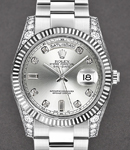 Day Date President 36mm in White Gold with Smooth Bezel and Diamond Lugs on Oyster Bracelet with Silver Diamond Dial