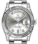 Day Date President 36mm in White Gold with Smooth Bezel and Diamond Lugs on Oyster Bracelet with Silver Diamond Dial