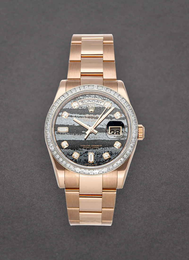 Pre-Owned Rolex President 36mm Rose Gold with Baguette Diamond Bezel