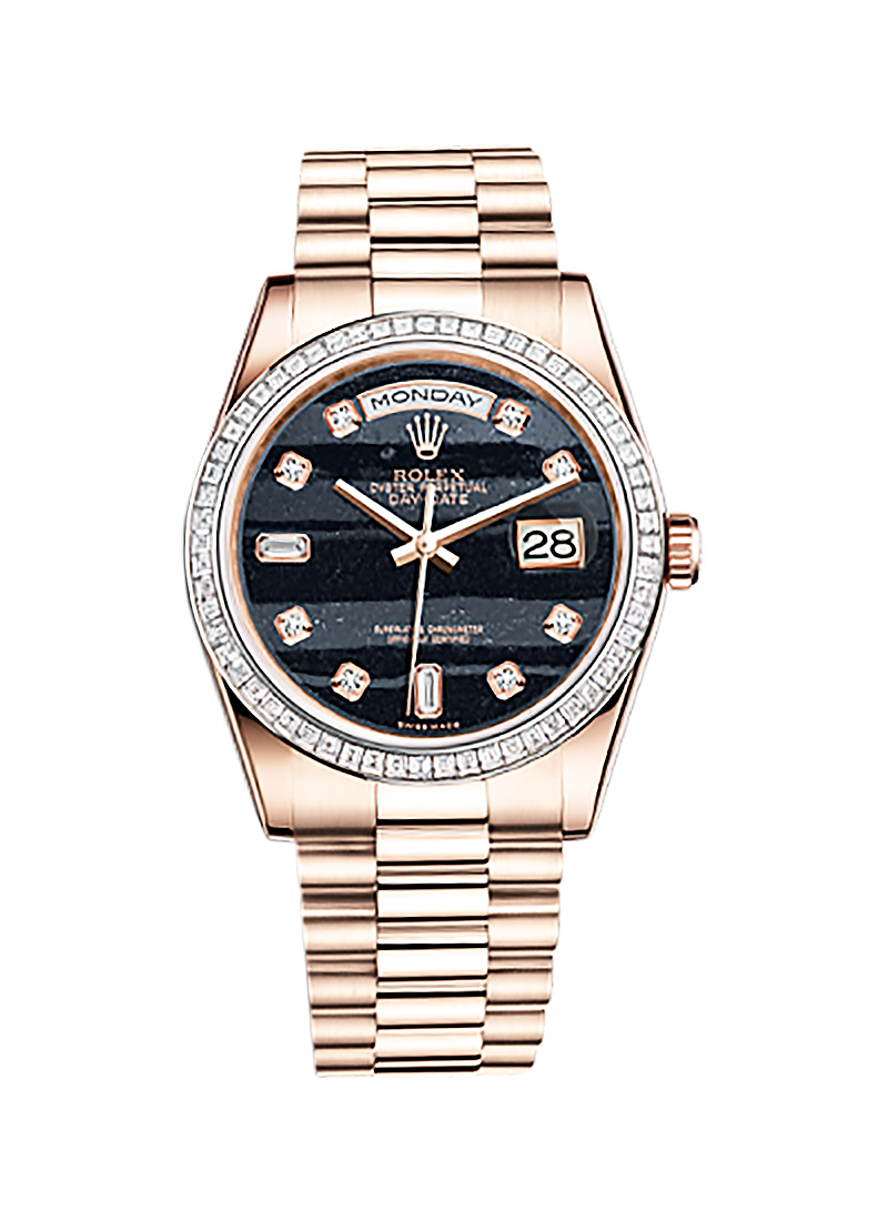 Pre-Owned Rolex President 36mm Rose Gold with Baguette Diamond Bezel