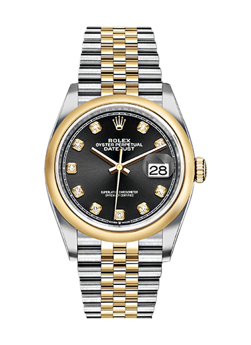 Datejust 36mm in Steel with Yellow Gold Smooth Bezel on Oyster Bracelet with Black Diamond Dial